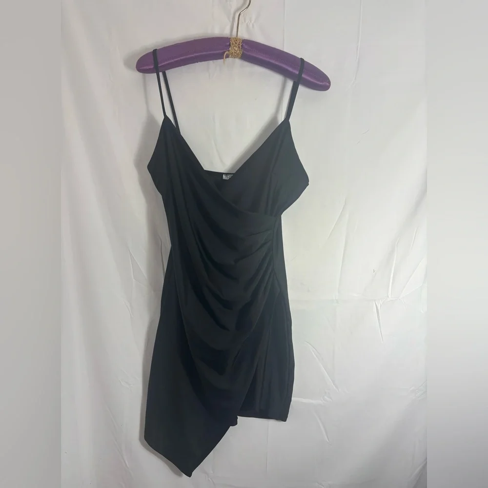Y2K Little Black Dress Asymmetrical Hem Club Dance Faux Wrap Ruched Size L - Picture 9 of 10